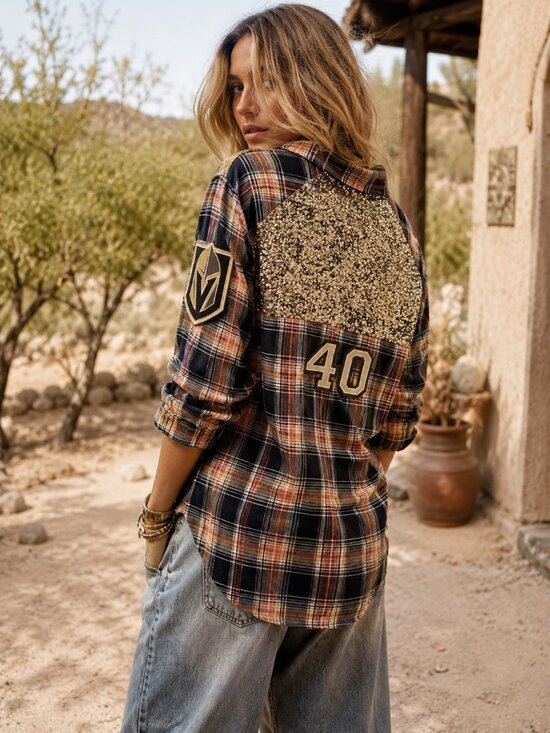 Free People Tops - FREE PEOPLE Plaid Button Down Shirt S Sequin Upcycled Las Vegas Golden Knights
